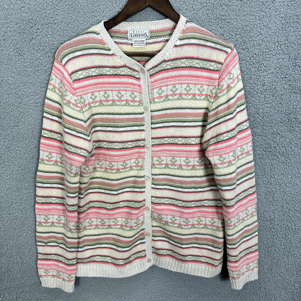Vintage Cardigan Womens Large Beige Geometric Striped Button‎ Up Cottage Boho